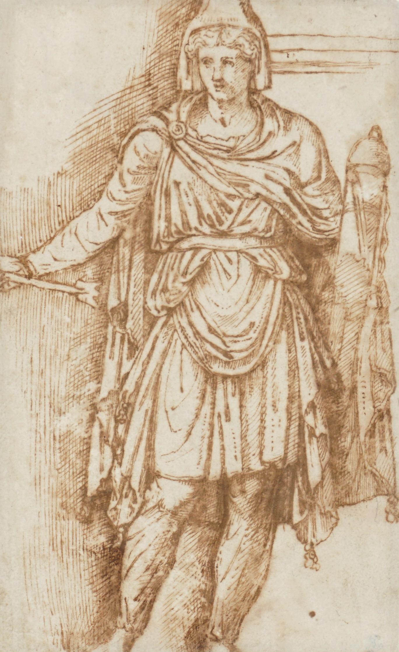 Pirro Ligorio Old Master Archer Pen and Ink: LIGORIO, Pirro, (Italian, 1513-1583): Front side pen and ink depiction of an archer holding arrow in right hand, back side pencil drawing of two partial figural cherubs, one with pan flute, older coll