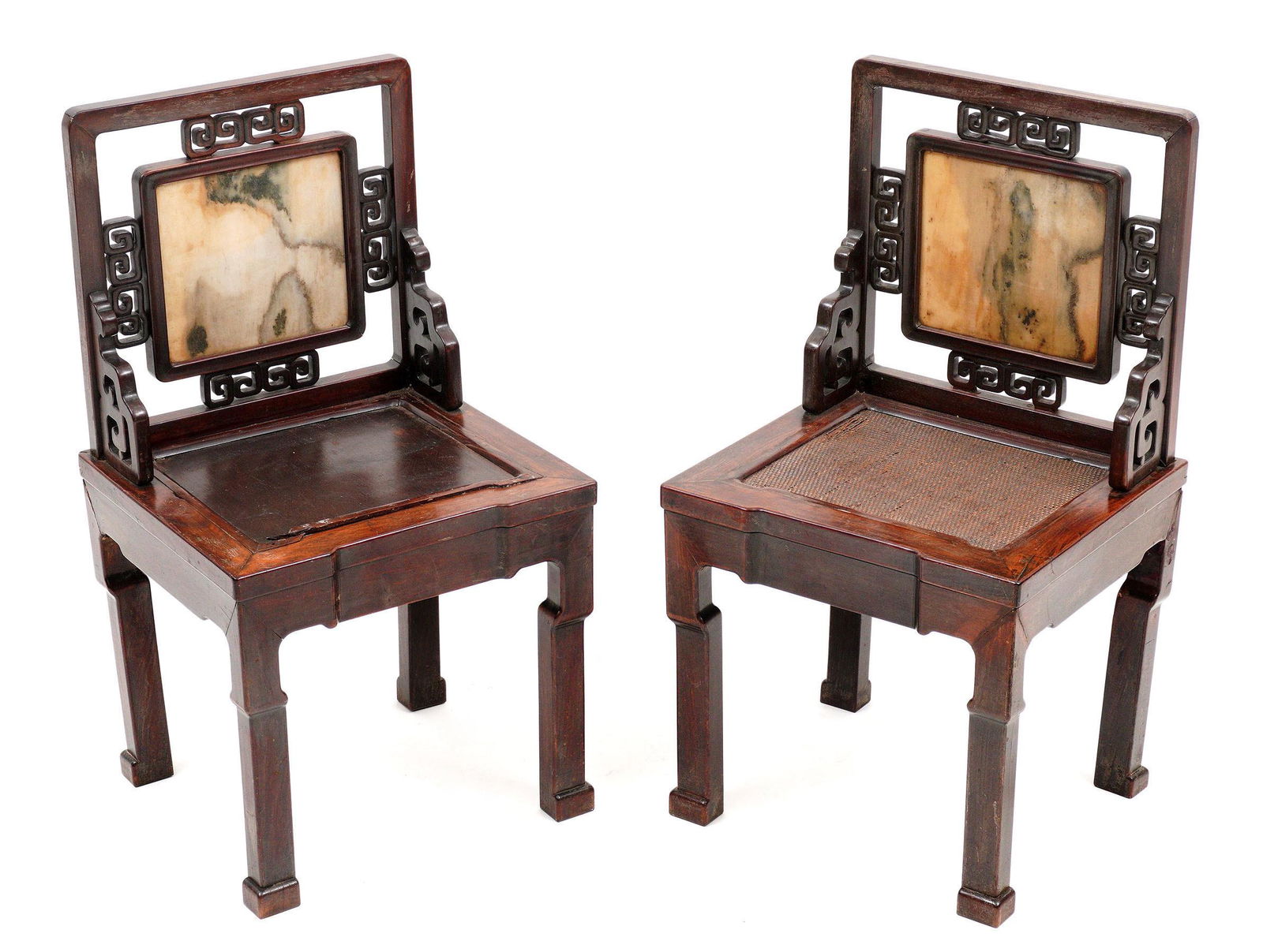 Pair Qing Chinese Marble Back Rosewood Side Chairs (1 of 8)