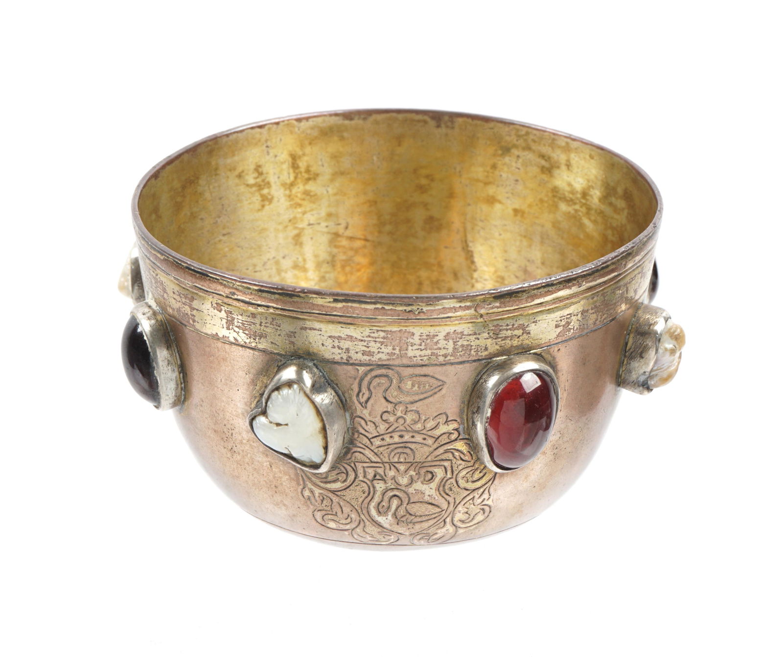 Cabochon Inset Vermeil Silver Cup: Vermeil wash diminutive hip with inset carnelian and natural freshwater pearl cabochons. Engraved heraldic crest on side, no visible markings, 1.75" h. x 2.75". Condition: Wear to vermeil wash, one cr