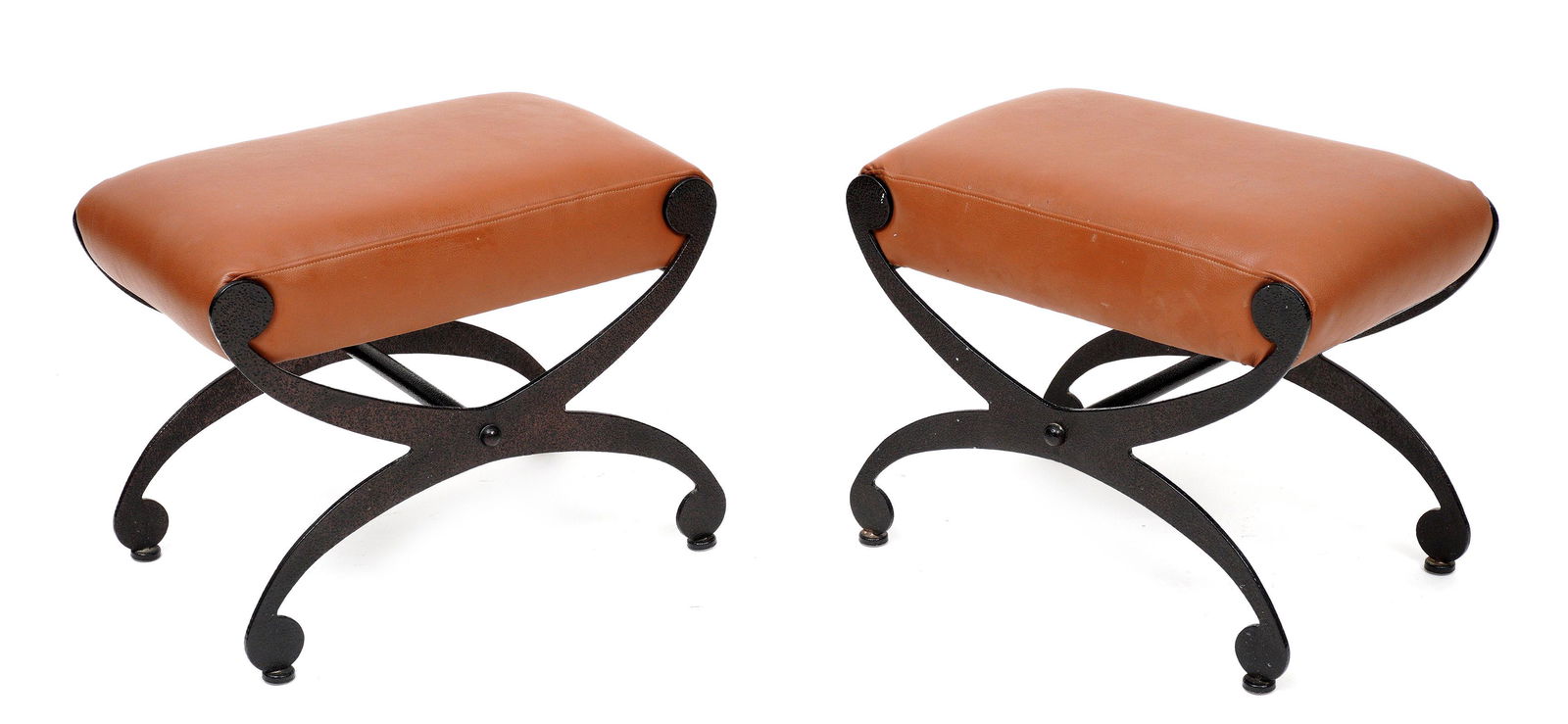 Pair Regency Style Hammered Iron Leather Stools (1 of 5)