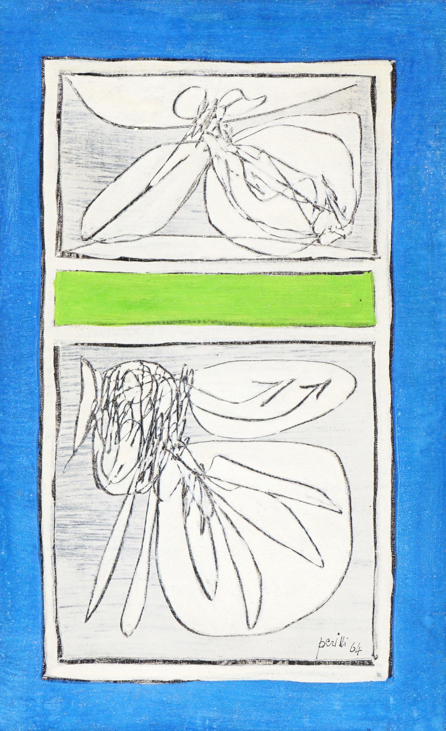 1964 Achille Perilli Abstract Composition Painting: PERILLI, Achille, (Italian, 1927-): Abstract composition, Oil/Canvas, signed and dated lower right, signed, dated, and illegibly titled verso, 14.25" x 8", framed 17" x 10.75".