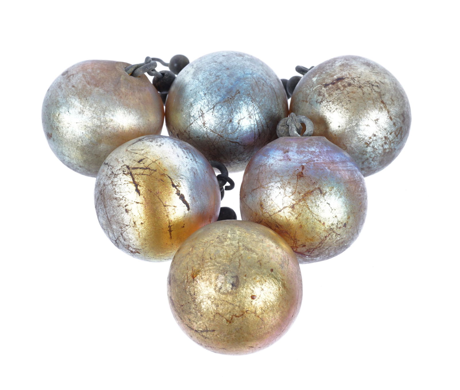 6 Tiffany Favrile Glass Balls and Chains from Lamp: A lot of 6 Tiffany Favrile glass balls & chains from lamp. Each measures approx 2.75 inchs long with chain. Glass balls measure 1.5 inches wide. Condition: Chains and glass balls show various signs of