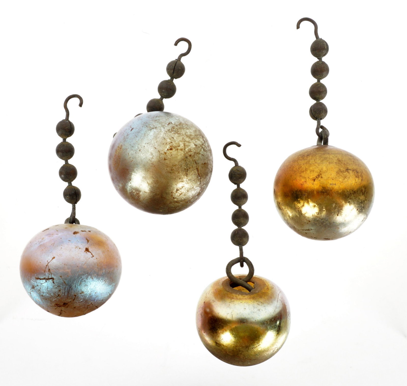 4 Tiffany Favrile Glass Balls and Chains from Lamp: A lot of 4 Tiffany Favrile glass balls & chains from lamp. Each measures approx 2.75 inchs long with chain. Glass balls measure 1.5 inches wide. Condition: Chains and glass balls show various signs of