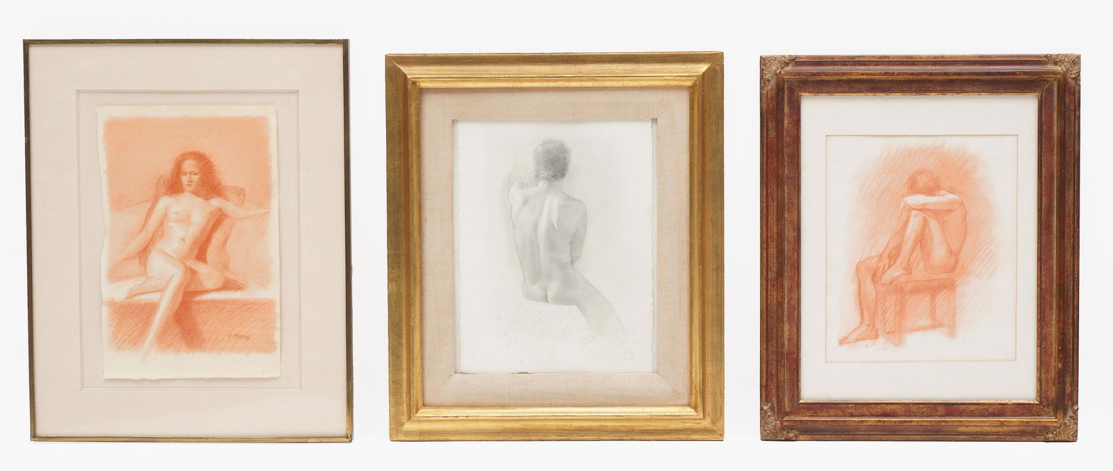 Three Martha Mayer Erlebacher Nude Drawings: ERLEBACHER, Martha Mayer, (American, 1937-2013): Three pieces total to include 1) Figure of a seated nude man from behind, Pencil / Paper, monogrammed and dated 9-92 lower right, sight size 14.75" x 1