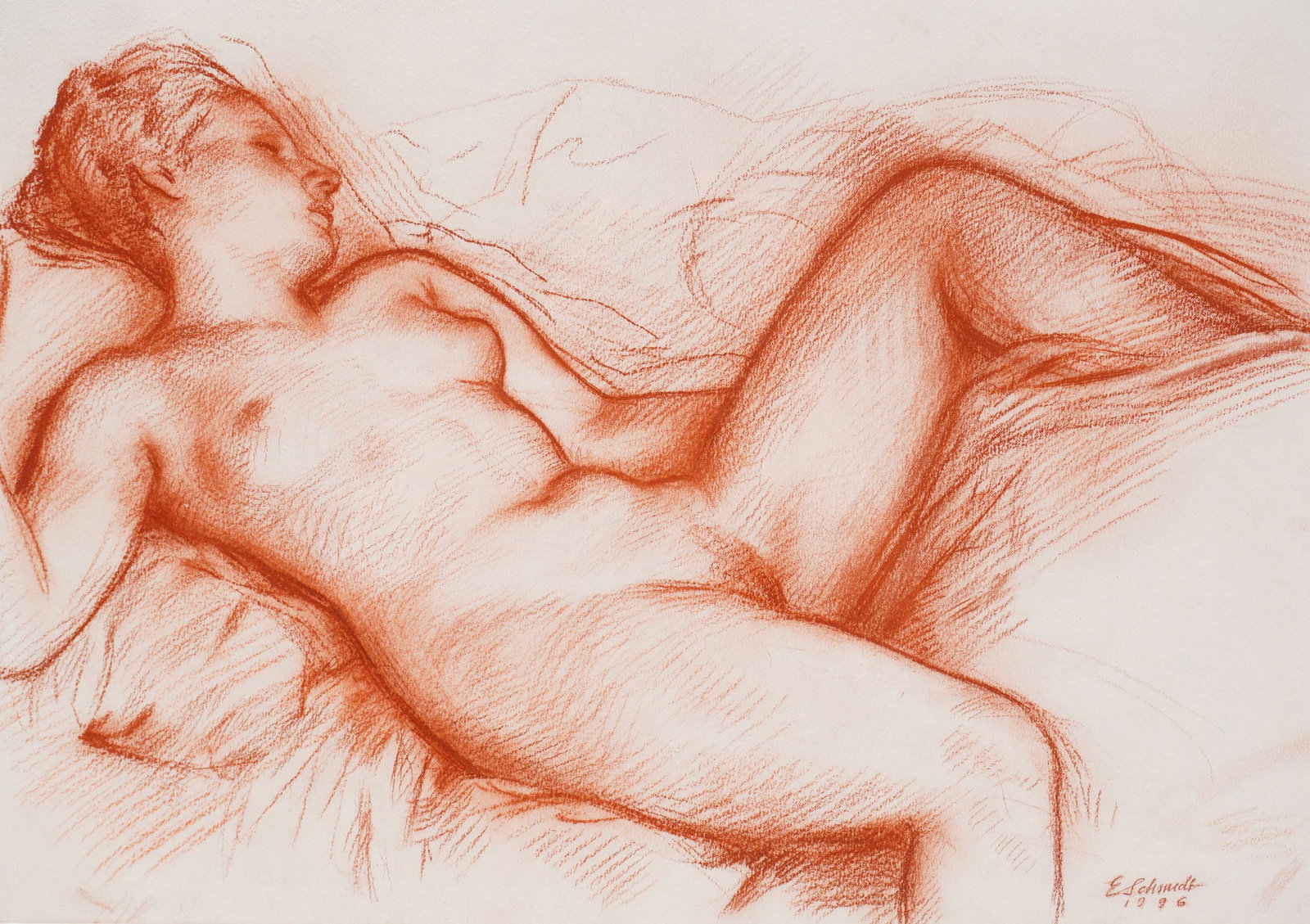 Edward Schmidt Charcoal Portrait of Nude Woman: SCHMIDT, Edward, (American, 20th/21st Century): "Lily", nude portrait of the artists model, signed and dated 1996, sight size 14" x 20", framed 24.5" x 30.5". Sold with letter from the artist From the