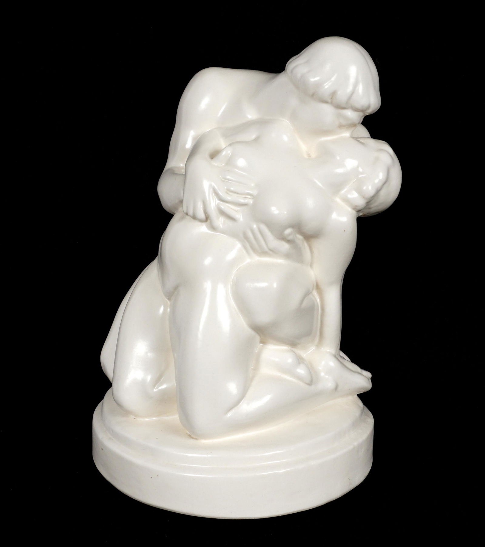 Barna Buza Le Baiser Porcelain Sculpture: BUZA, Barna, (Hungarian, 1910-2010): "Le Baiser", porcelain sculpture of two lovers, impressed cipher and numbered 8 oat base, overall 11.5" h. x 7.75" Condition: Minor abrasion under woman's hair. Ha