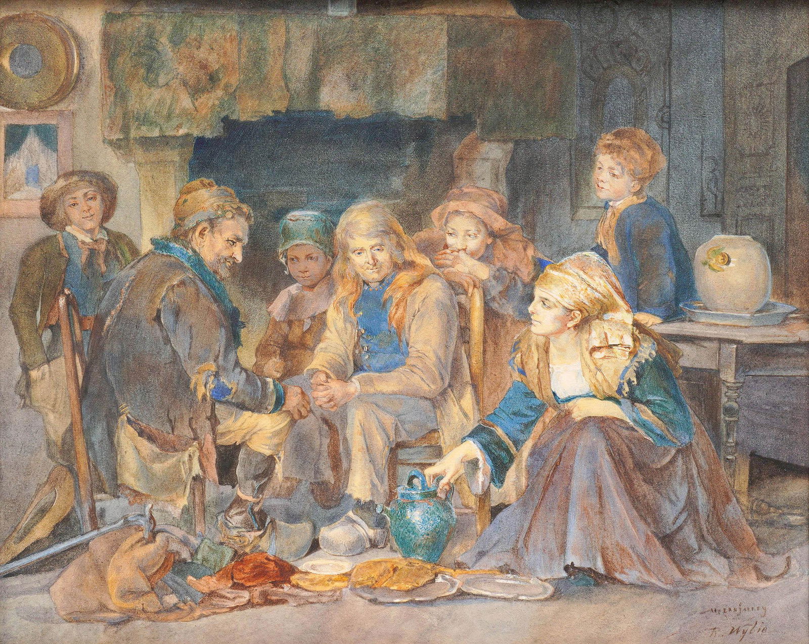 Robert Wylie Breton Peasants Watercolor Ex-Sotheby: WYLIE, Robert, (American, 1839-1877): "Breton Peasants", Watercolor/Paper, signed lower right, Ex-Sotheby's lot 75 March 2000, sight size 10" x 12.5", framed 18.5 x 21".