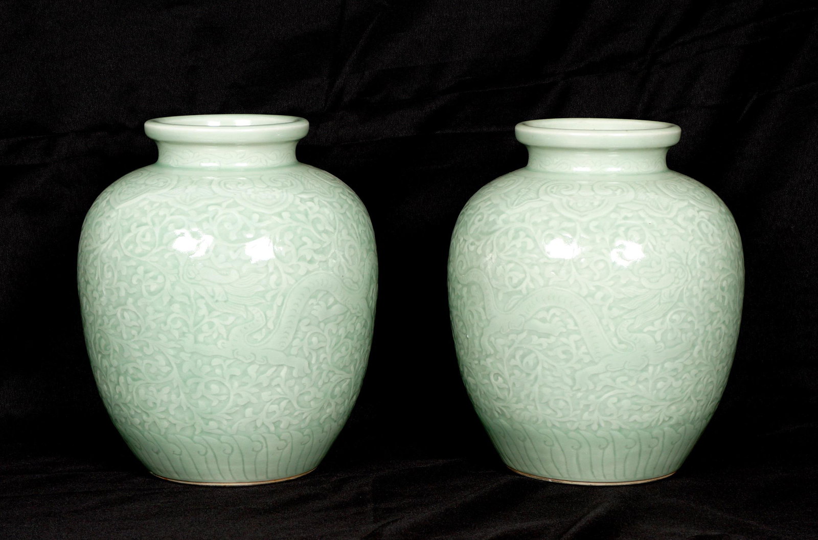 Pair Chinese Celadon Dragon Vases with Stands (1 of 13)