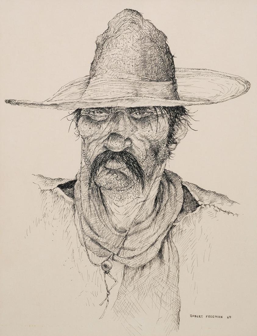 1969 Robert Freeman Cowboy Portrait Drawing: FREEMAN, Robert, (American, 1927-): Portrait of a haggard cowboy, Pen/Ink/Paper, signed lower right and dated '69, sight size 13" x 10", framed 24.5" x 20.5".