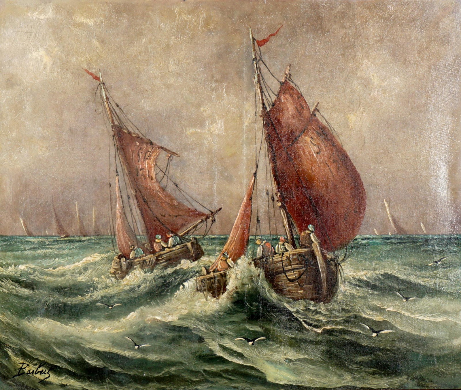 19th Century Sailboats at Sea Painting: Image of two sailboats / fishing vessels in rough seas, Oil/Canvas, signed Barberts? lower left, 18" x 21", framed 24.25" x 28.75". Condition: Craquelure, minor inpaint, patch repair verso.