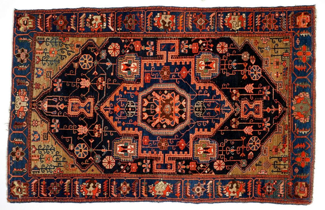 Antique Persian Bakhtiari / Malayer Rug: Single large foliate border, black field with floral medallions and geometric motifs. 6'11 x 4'6. Please see photos for condition.