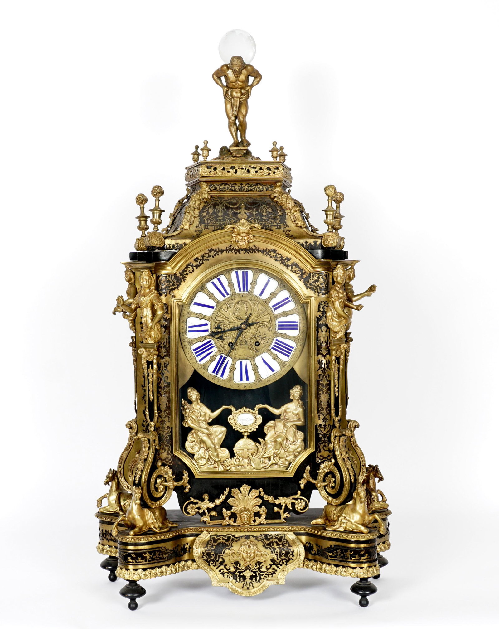 Large Boulle Inlay and Figural Bronze Clock: Figure of Atlas holding crystal globe finial, profusely adorned ebonized wood case with patinated bronze figures, horses, foliate scroll. Boulle brass inlay foliate scroll, all on four feet. Metal dia