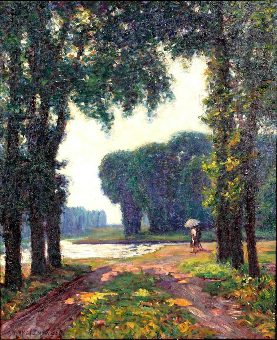 Wynford Dewhurst Impressionist The Park Versaille, Sotheby's Provenance: DEWHURST, Wynford, (English, 1864-1941): Impressionist landscape with figures by a river at Versailles, Oil/Canvas, signed lower left, older partial exhibition label and auction label verso, purchased