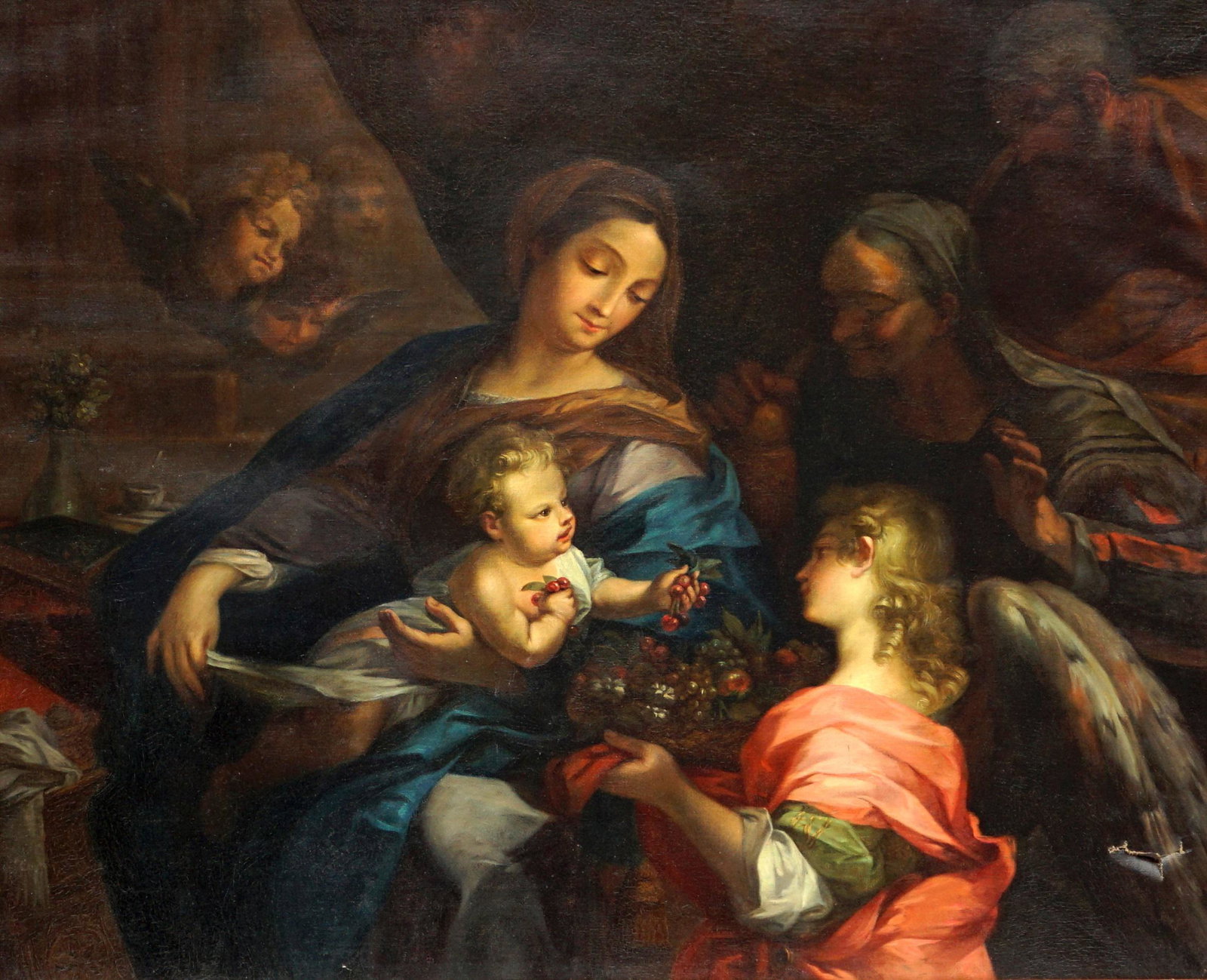 after Francesco Mancini Holy Family Painting: after MANCINI, Francesco, (Italian, 1679-1758): "Holy Family", Oil/Canvas, no visible signature, 32" x 39. 25", framed 35" x 42". Condition: Tear lower right, patch repair verso, scattered inpaint. Fr