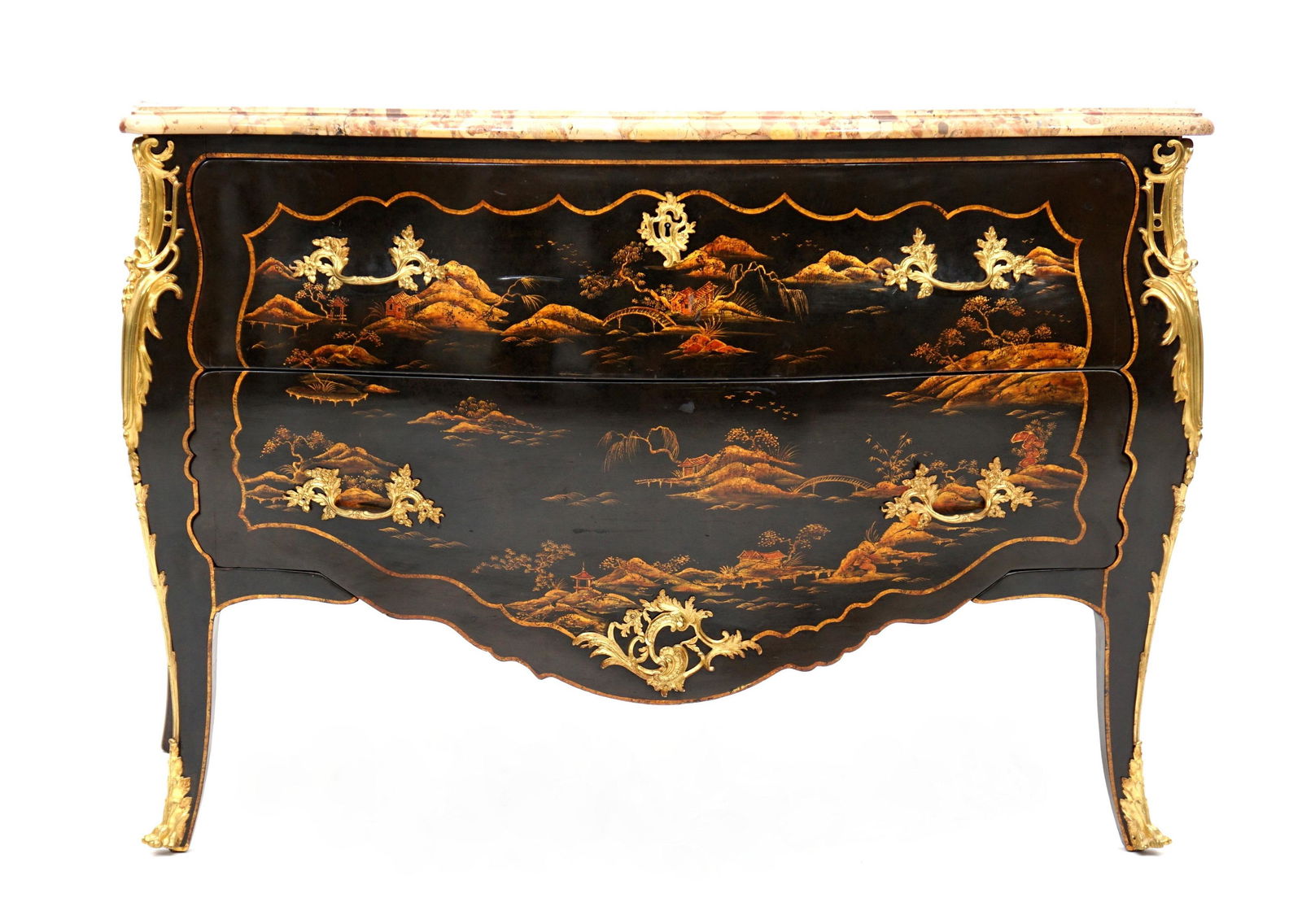 Large French Bombe Chinoiserie Marble Top Commode: Late 19th Century, serpentine marble top over black lacquer bombe form case, decorated all over with chinoiserie decoration, applied ormolu mounts and decoration, cabriole legs ending in ormolu paw fe