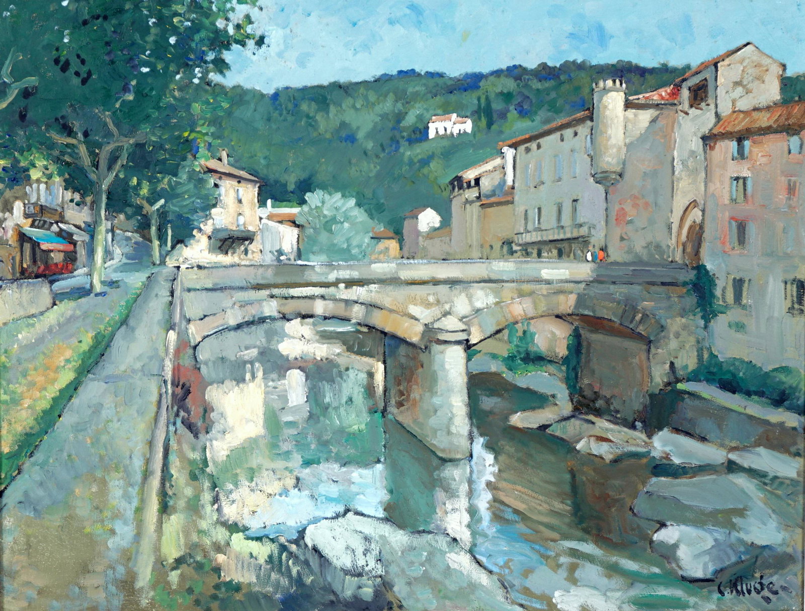 Constantin Kluge Parisian Bridge Painting Findlay: KLUGE, Constantin, (Russian/French, 1912-2003): Impressionist river scene with city bridge, Oil/Canvas, signed lower right, Wally Findlay Galleries label verso, 35.5" x 45.5", framed 43.5 x 53.5".