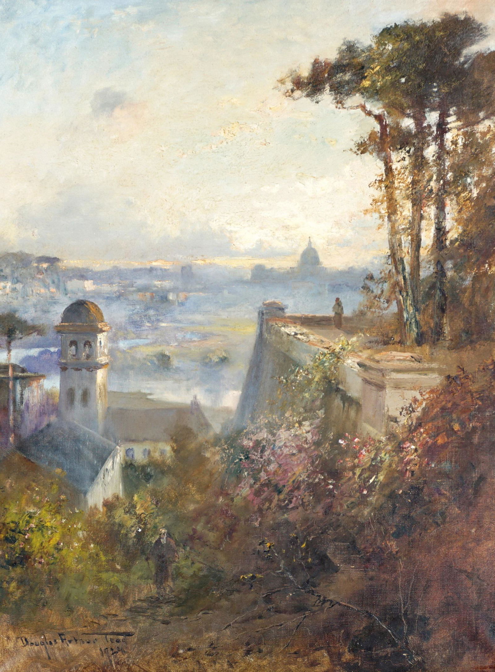 Douglas Arthur Teed Orientalist Landscape Painting: TEED, Douglas Arthur, ( American, 1860-1929): Landscape view of Middle Eastern town with mosque in background and figures, Oil/canvas, signed and dated 1924 lower left, 40" x 30", framed 45.5" x 35.5"