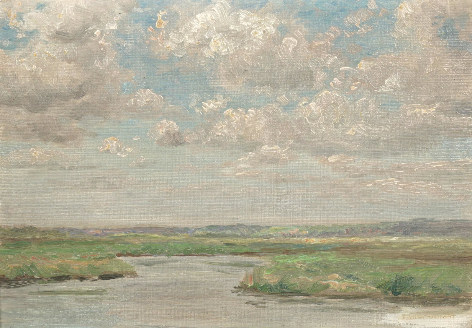 Edmond Henry Garrett Marsh Landscape Painting: GARRETT, Edmond Henry, (American, 1853-1929): Depiction of a marsh landscape with cloudy sky, Oil/Panel, signed lower right, frame with "Prandergast, 1808", 9" x 13", framed 12.25" x 16.25".