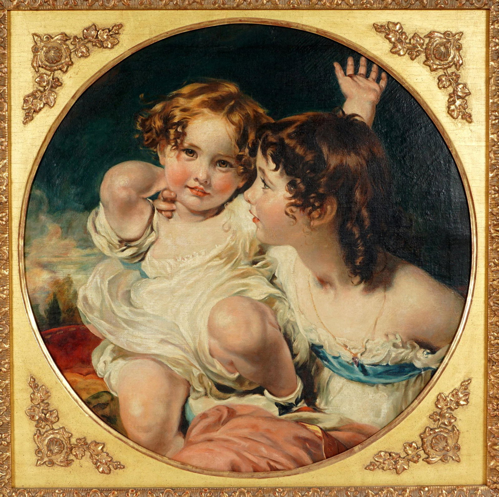 After Thomas Lawrence Calmady Children Portrait: after LAWRENCE, Sir Thomas, (English, 1769-183): "The Calmady Children", Oil/Canvas, no visible signature, stamped verso "The Metropolitan Museum of Art Permit to Copy Issued", sight size 18.5" dia, g