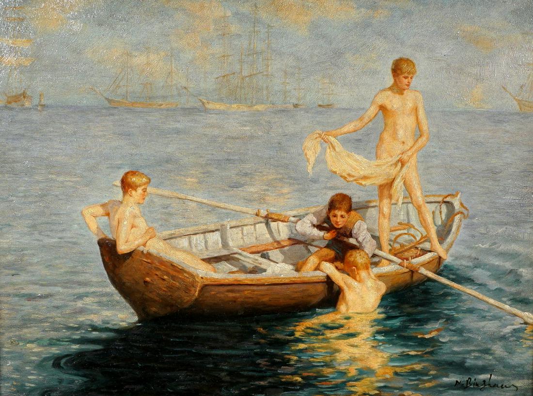 N Henry Bingham Boys Swimming and Rowboat Painting: BINGHAM, N. Henry, (American, 1939-): After the painting "August Blue" by Henry Scott Tuke currently on display at the Tate Gallery, London, depiction of four boys swimming off a rowboat, Oil/Panel, s