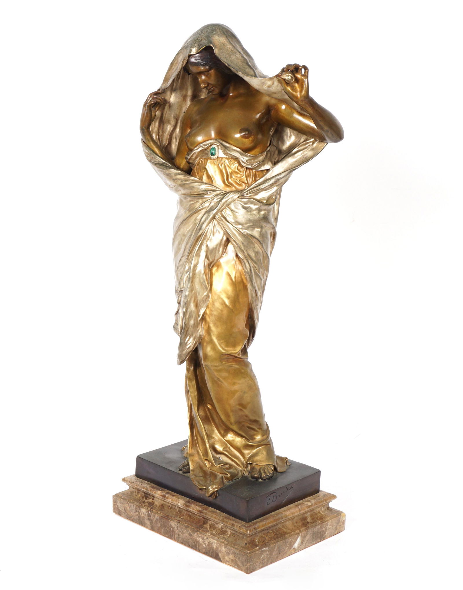 after Barrias Nature Unveiling Herself Bronze: after BARRIAS, Louis-Emile, (French, 1841-1905): "Nature Unveiling Herself Before Science", patinated and parcel gilt bronze sculpture, signed on base, Susse Freres foundry stamp, 22.5" h. x 9" x 5.5"