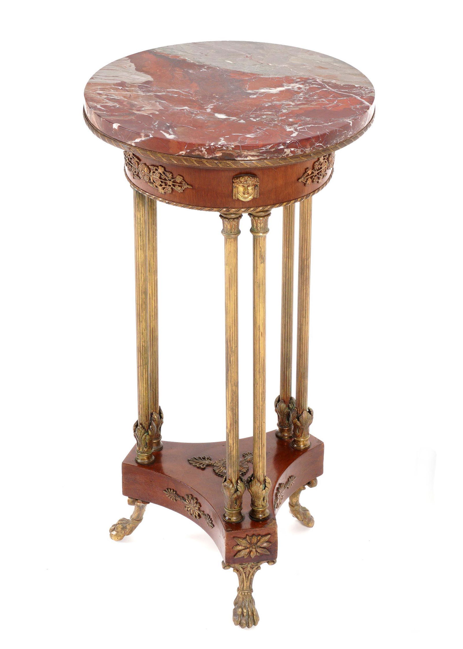 French Marble Top Six Column Plant Stand: 19th / 20th Century, round variegated marble top over ormolu decorated skirt. Six fluted metal support columns, splayed base with center medallion, on three cast paw feet. Overall 31.25 " h. x 15.75"