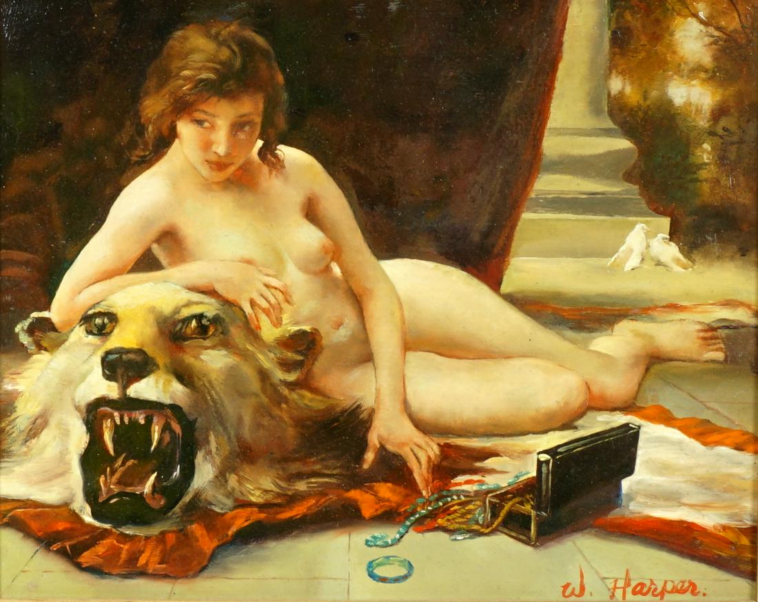 Portrait of Nude Woman on Lion Rug Signed Harper: Portrait of a nude woman laying on a lion rug with a box of jewelry by her side, Oil/Wood Panel, signed W. Harper lower right, 8" x 10", framed 16.25" x 18.25". From the estate of a prominent lawyer f