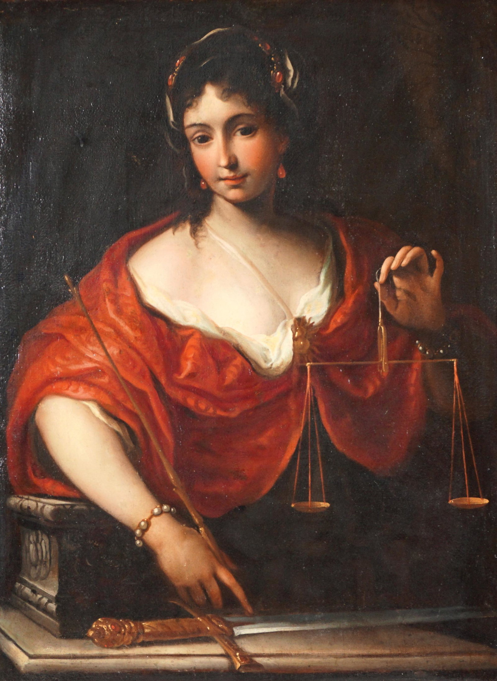 Portrait Painting of Lady Justice: Depiction of Lady Justice, seated with scales in one hand and sword on table in front, Oil/Canvas, no visible signature, 38.75" x 28.75", framed 47.5" x 37.5" . Condition: Relined, craquelure, inpaint