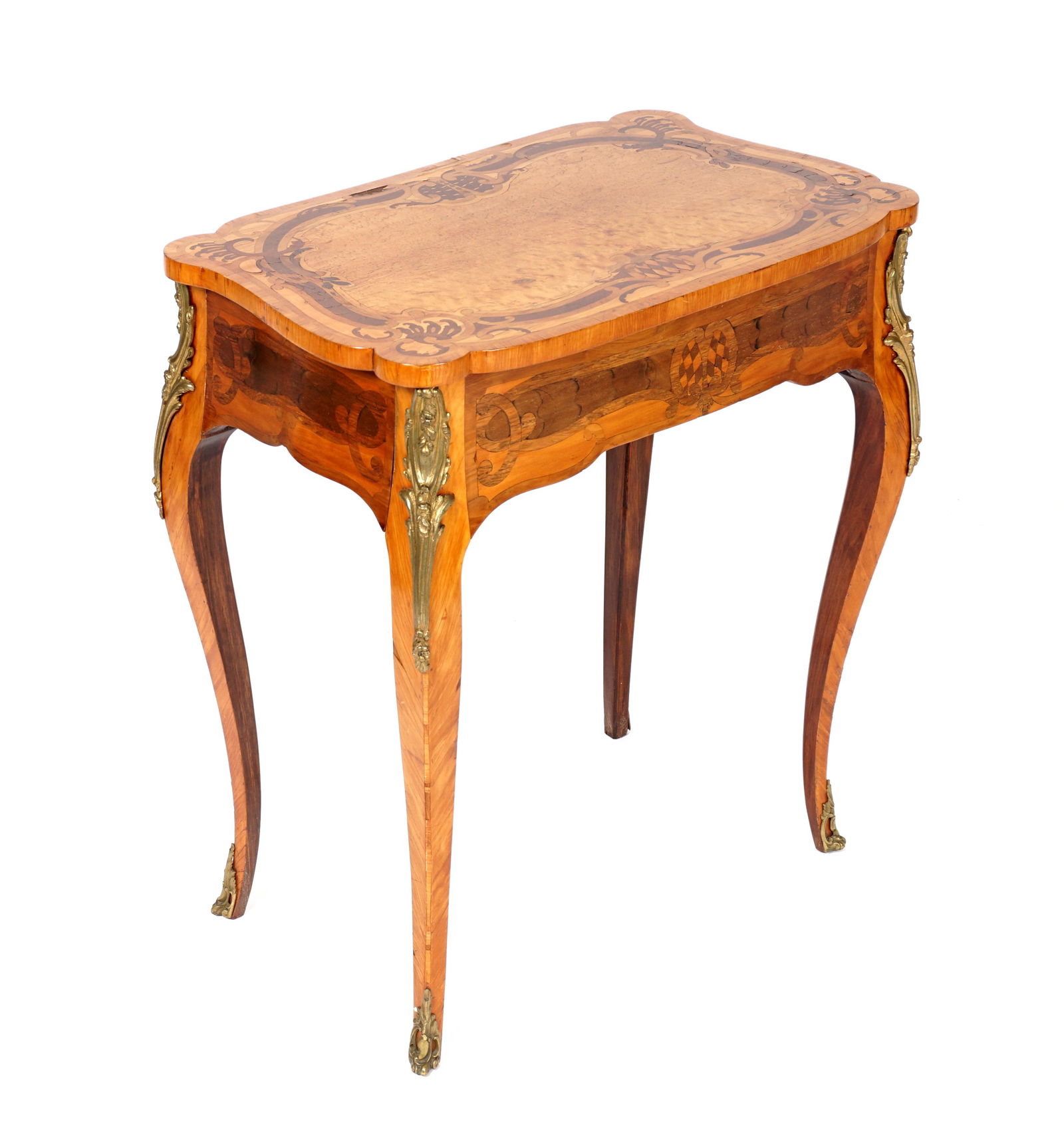 19th C. French Inlaid Single Drawer Side Table, Christie's Provenance: Burl and foliate scroll serpentine top, inlaid apron with sing drawer, cabriole legs, applied bronze decoration and capped feet, overall 28" h. x 25.25" x 15.5". Condition: Minor lifting and chips to