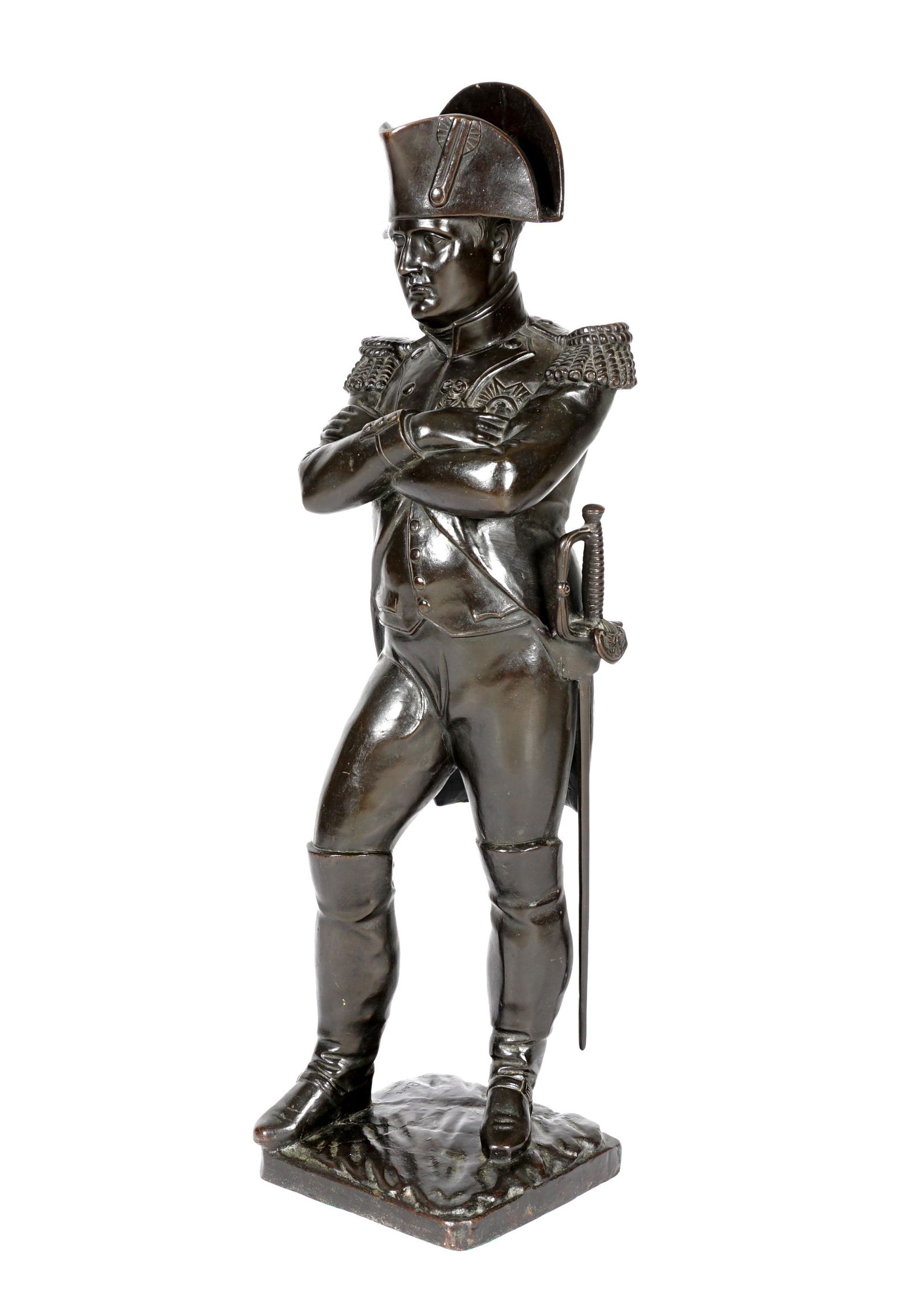 Standing Napoleon Bronze Sculpture signed Bare: Patinated bronze sculpture of Napoleon with arms crossed, signed Bare at base, overall 38.5" h. x 11.5".