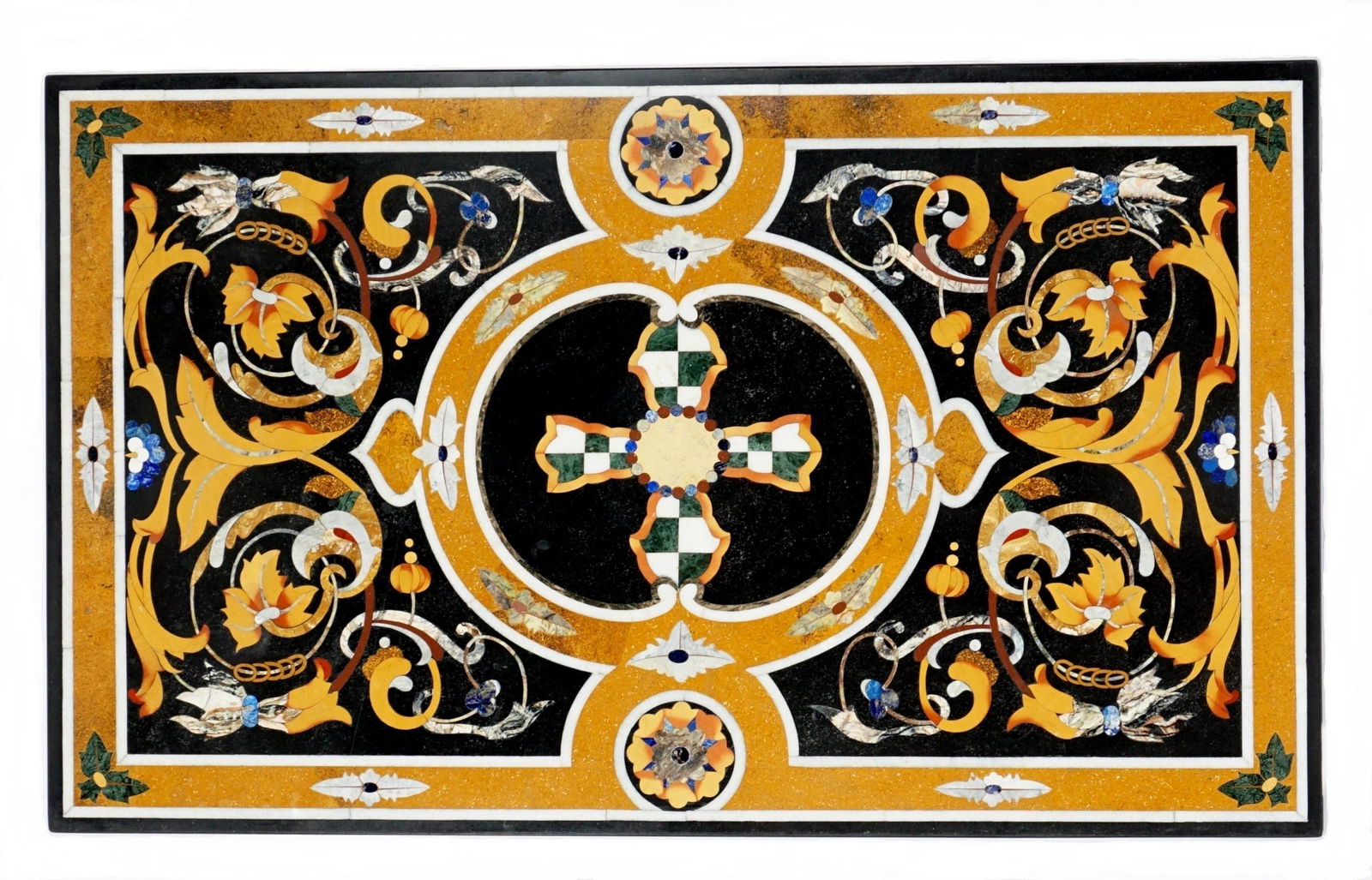 Large Italian Pietra Dura Table Top / Panel: Center medallion surrounded by rosettes, florets, and foliate scroll motifs, 60.5" x 36.5". Condition: Minor chips. From the estate of a prominent lawyer from New Rochelle, NY.