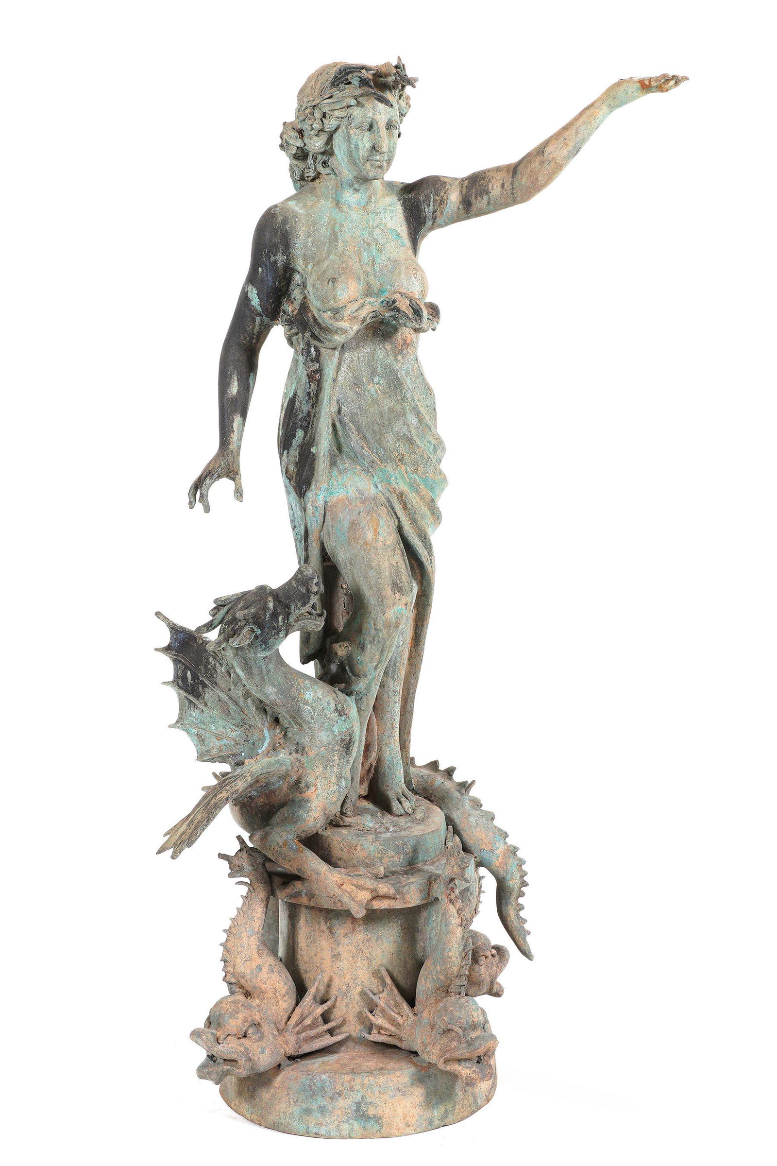 Woman with Dragon Bronze Garden Sculpture: Figure of a standing semi nude woman with dragon at her legs, four stylized dolphin below, overall 57" h. x 25.5" x 28". Condition: Obvious signs of weathering. From the estate of a prominent lawyer f