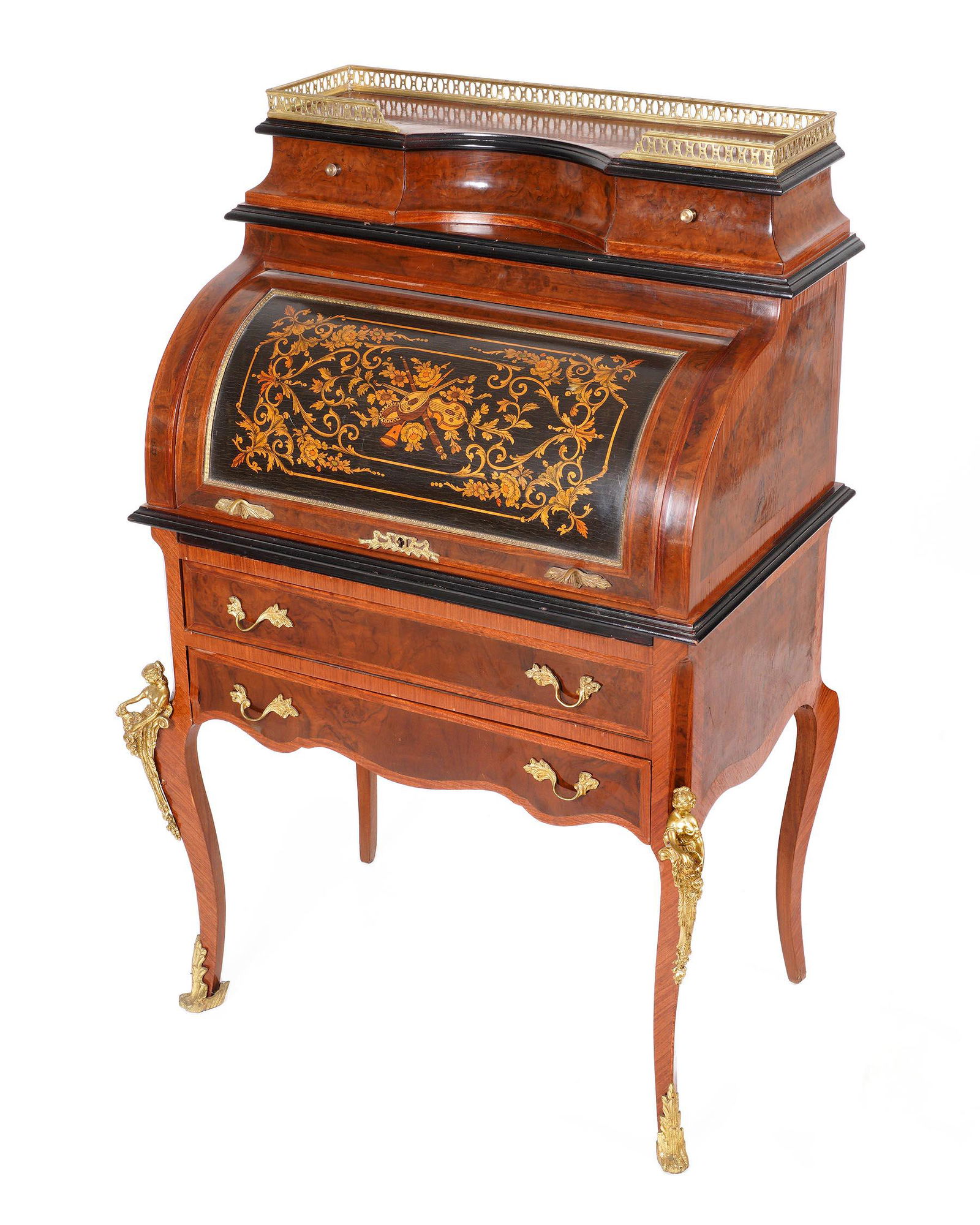 French Louis XV Style Roll Top Desk: Reticulated gilt metal gallery over two drawer. Marquetry inlaid roll top front, four interior drawers with applied gilt metal decoration over two drawers, shaped skirt. Cabriole legs, applied gilt me