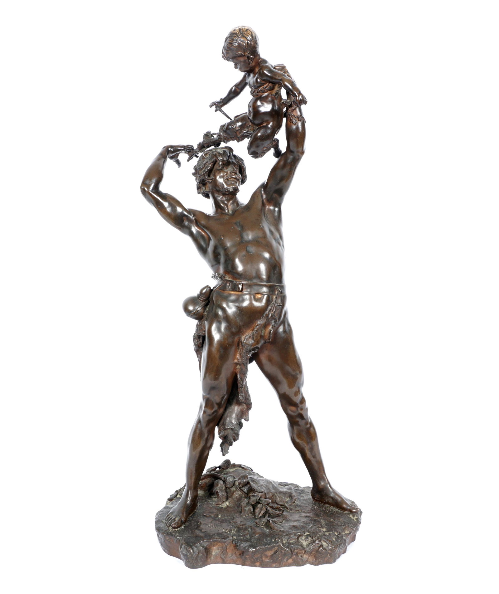 After Clement Leopold Steiner Bacchus Satyr Bronze: after STEINER, Clement Leopold, (French 1853-1899): Figure of Bacchus hold a child satyr above his head, signed at base, 25" h. x 10.75" x 8.5". From the estate of a prominent lawyer from New Rochelle
