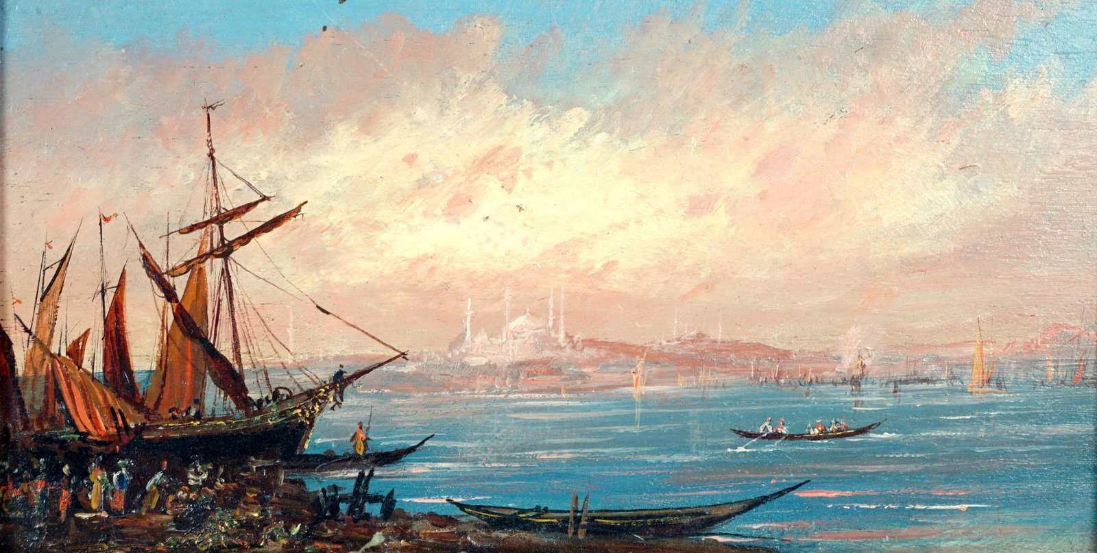 Orientalist Ships in Harbor Painting: Depiction of ship at side and in harbor with large mosque in background, Oil/Wood Panel, no visible signature, 5" x 9.75", framed 9.5" x 14". From the estate of a prominent lawyer from New Rochelle, N