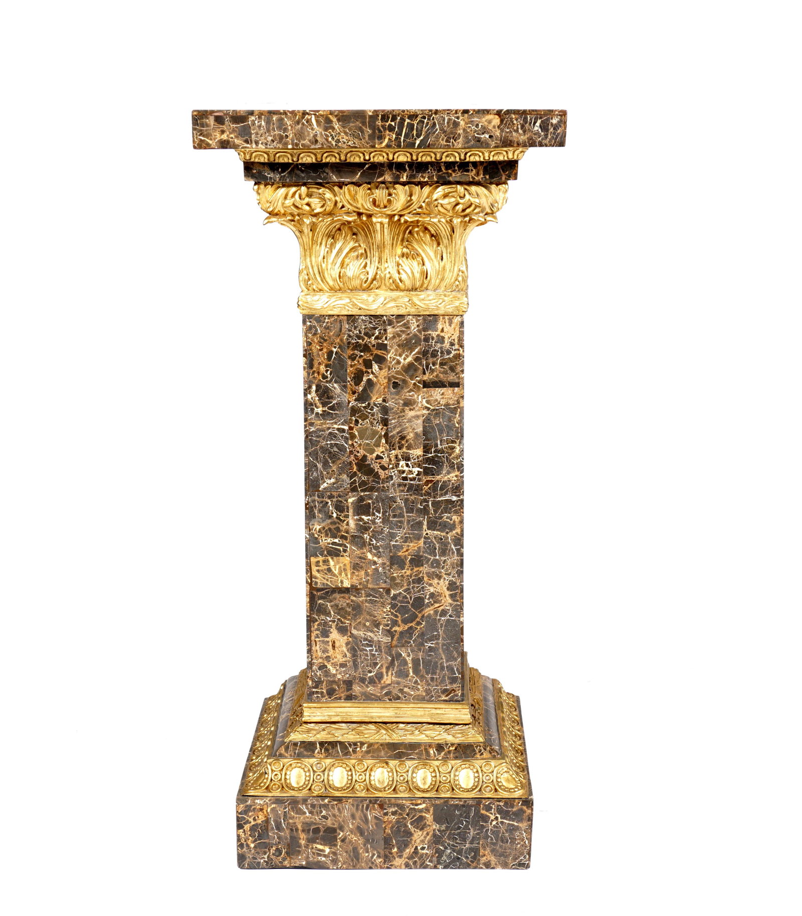 Clad Marble Pedestal Plant Stand: Marble clad top and column shaft, gold toned composite accent decoration, overall 34.5" h. x 15.5" x 15.5". From the estate of a prominent lawyer from New Rochelle, NY.