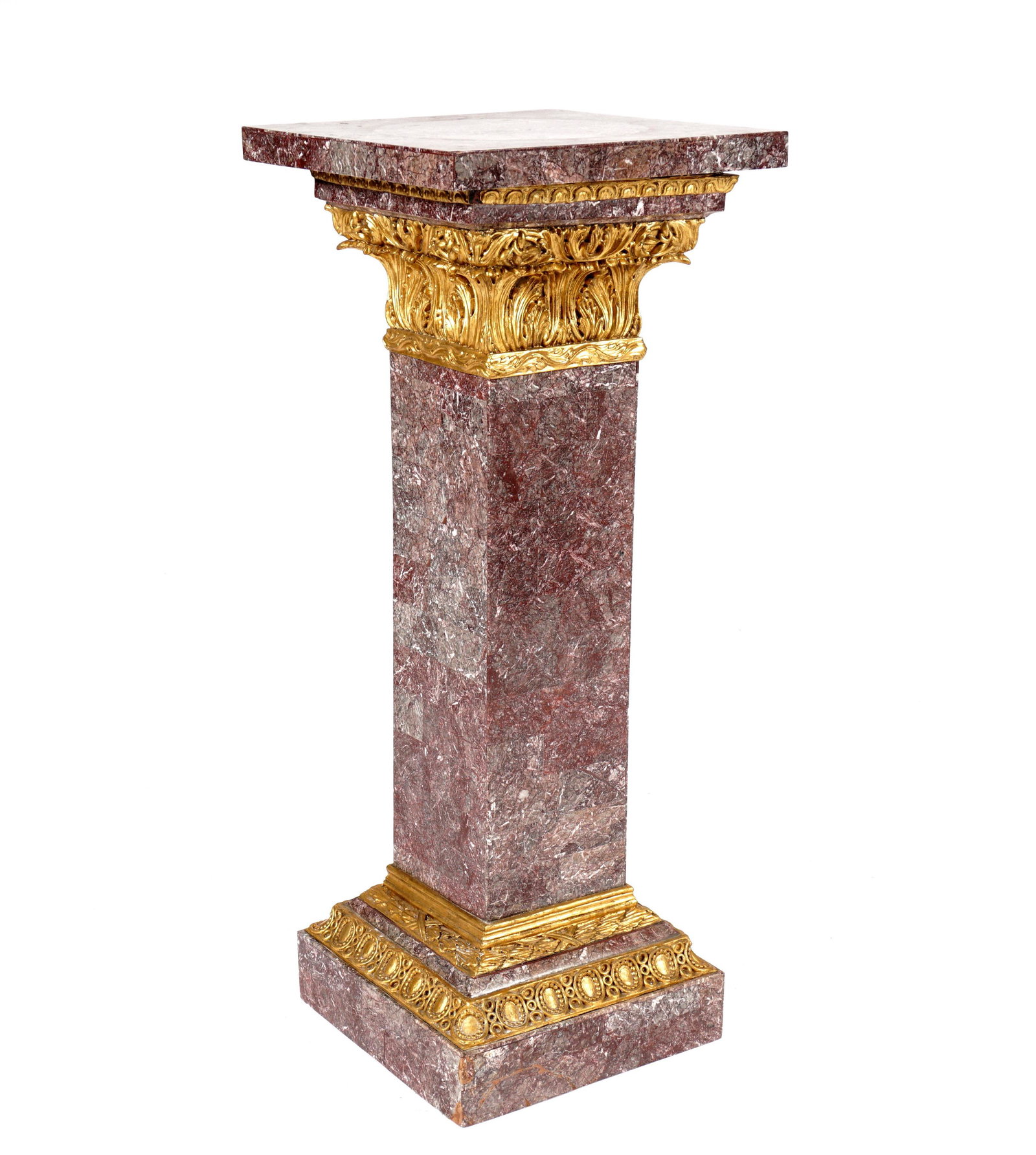Clad Marble Pedestal Plant Stand: Marble clad top and column shaft, gold toned composite accent decoration, overall 39" h. x 15.5" x 15.5". Condition: Chip and loss to base. From the estate of a prominent lawyer from New Rochelle, NY.