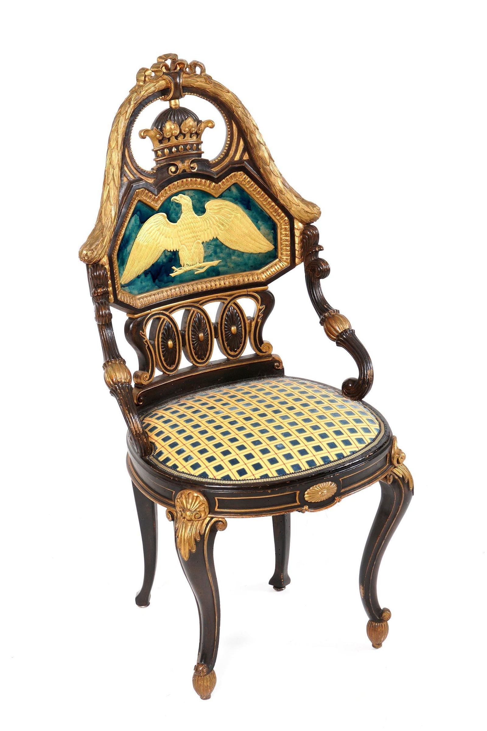 Russian / Austrian Carved Chair: Carved frame with gilt accents, foliate top rail over throne over composite panel with gilt eagle. Shaped rails, skirt with center floral medallion, carved decoration at joints, cabriole front legs. O
