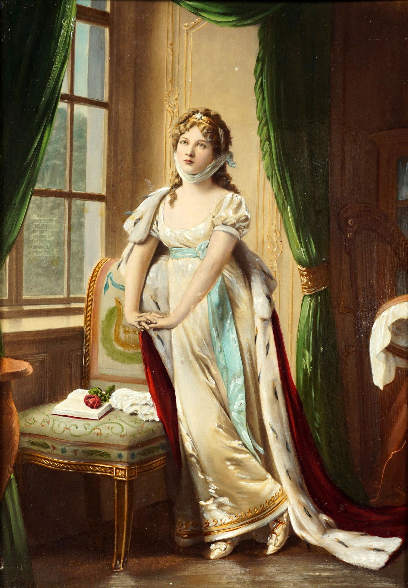 Continental Portrait of Woman in Interior: Full length portrait of a woman standing next to a chair and window, Oil/Panel, no visible signature, 11" x 8", framed 14.25" x 11". From the estate of a prominent lawyer from New Rochelle, NY.