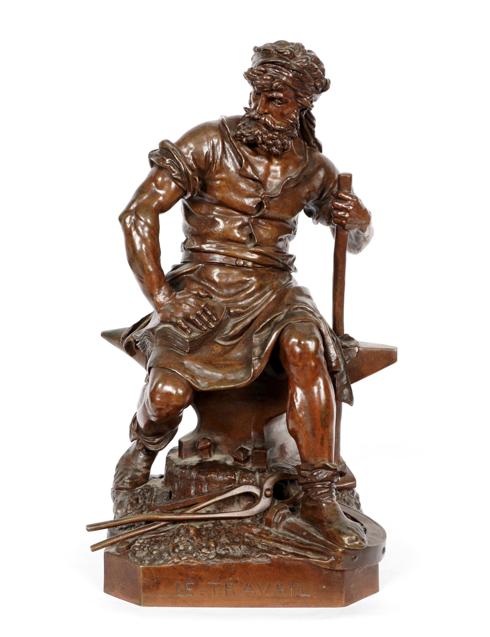 Charles Auguste Lebourg Le Travail Bronze: LEBOURG, Charles Auguste, (French, 1829-1906): "Le Travail" patinated bronze figure of a seated blacksmith, signed on base, additional inscription "Acquis par La Ville de Paris" and plaque dedication,