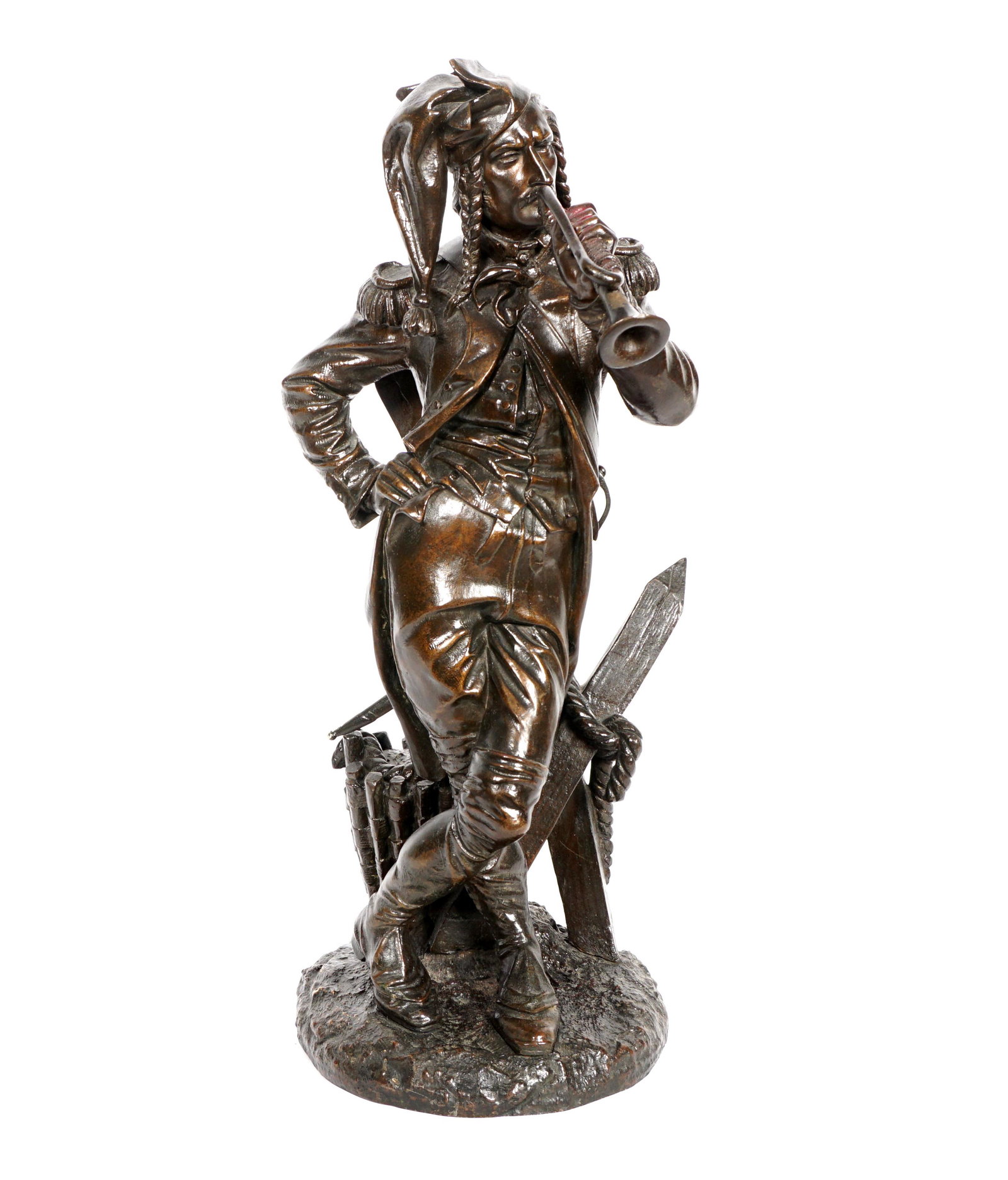 Bronze Figure of a French Military Bugler: Standing figure of a French military officer with bugler, no visible signature or foundry mark, 18.25" h. x 8.5". From the estate of a prominent lawyer from New Rochelle, NY.