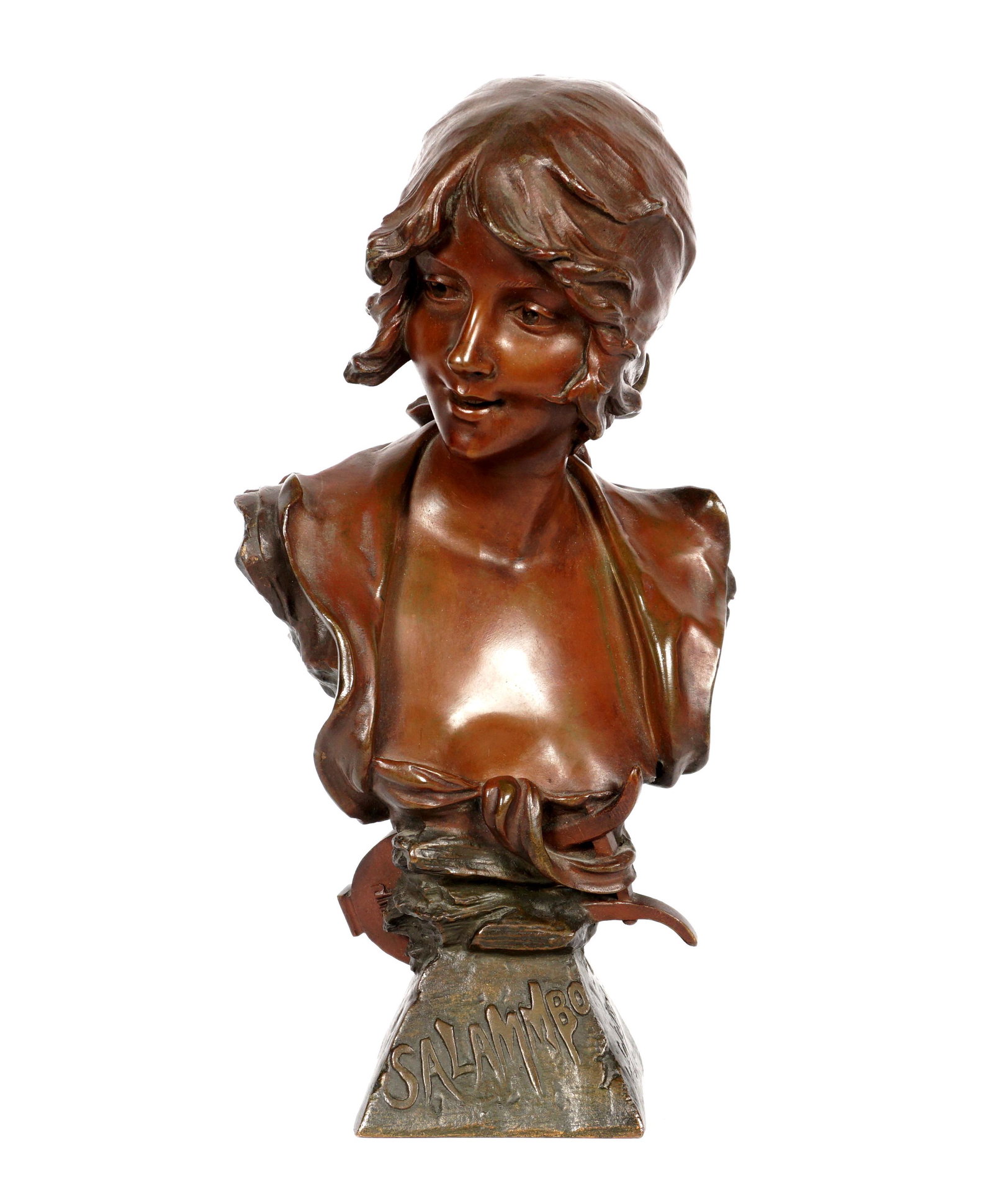 A. Lefebvre Salammbo Bronze Bust: Patinated bronze bust title "Salammbo", signed A. Lefebvre, French bronze foundry mark, numbered 3419, overall 10.25" h. x 5". From the estate of a prominent lawyer from New Rochelle, NY.