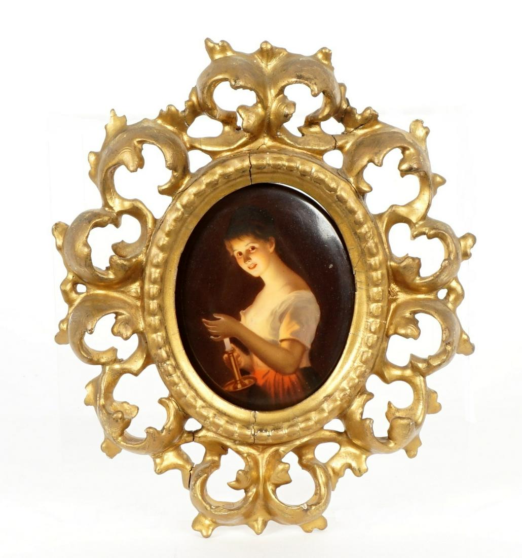 After G. Hom KPM Style Portrait Plaque Good Night: after George Hom, oval porcelain portrait plaque depicting a woman with a candle, titled verso, 3.25" x 2.75", framed 7" x 6". From the estate of a prominent lawyer from New Rochelle, NY.