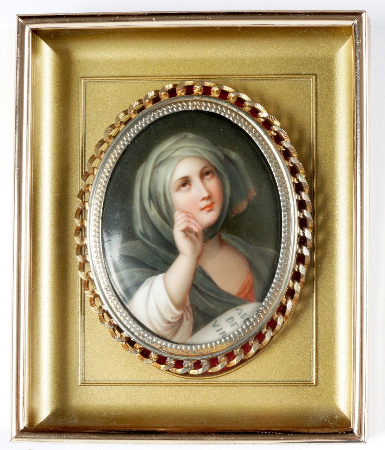 After Guido Reni Porcelain Plaque of Sybil: Continental hand painted portrait plaque after Guido Reni "Lady in the Guise of Sybil", 3.25" x 2.5", framed 6" x 5". From the estate of a prominent lawyer from New Rochelle, NY.