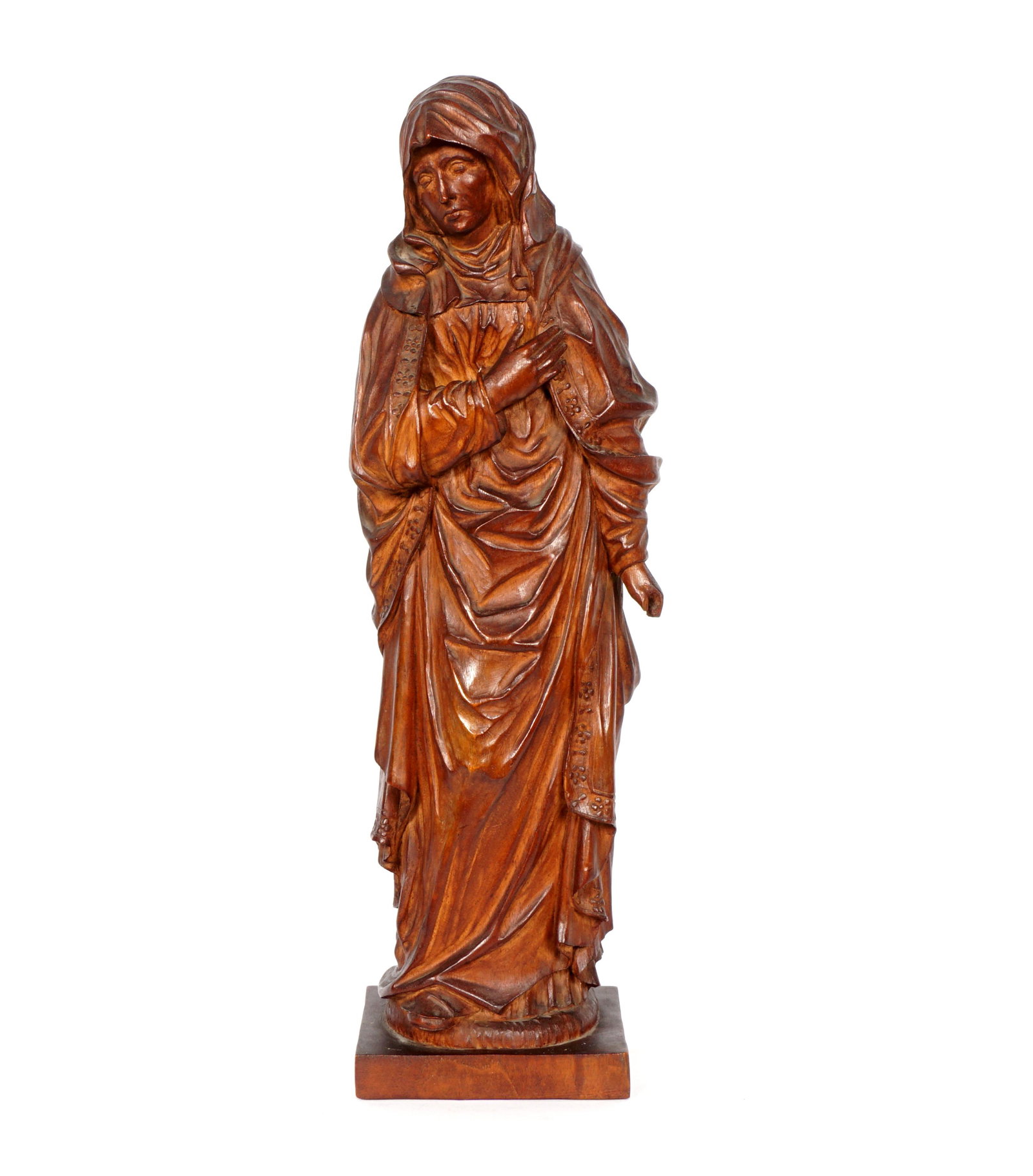 Carved Wood Figure of the Virgin Mary: Standing figure of Virgin Mary, unsigned, 16.5" h. x 4.5" x 3.75". Condition: Missing fingers. From the estate of a prominent lawyer from New Rochelle, NY.