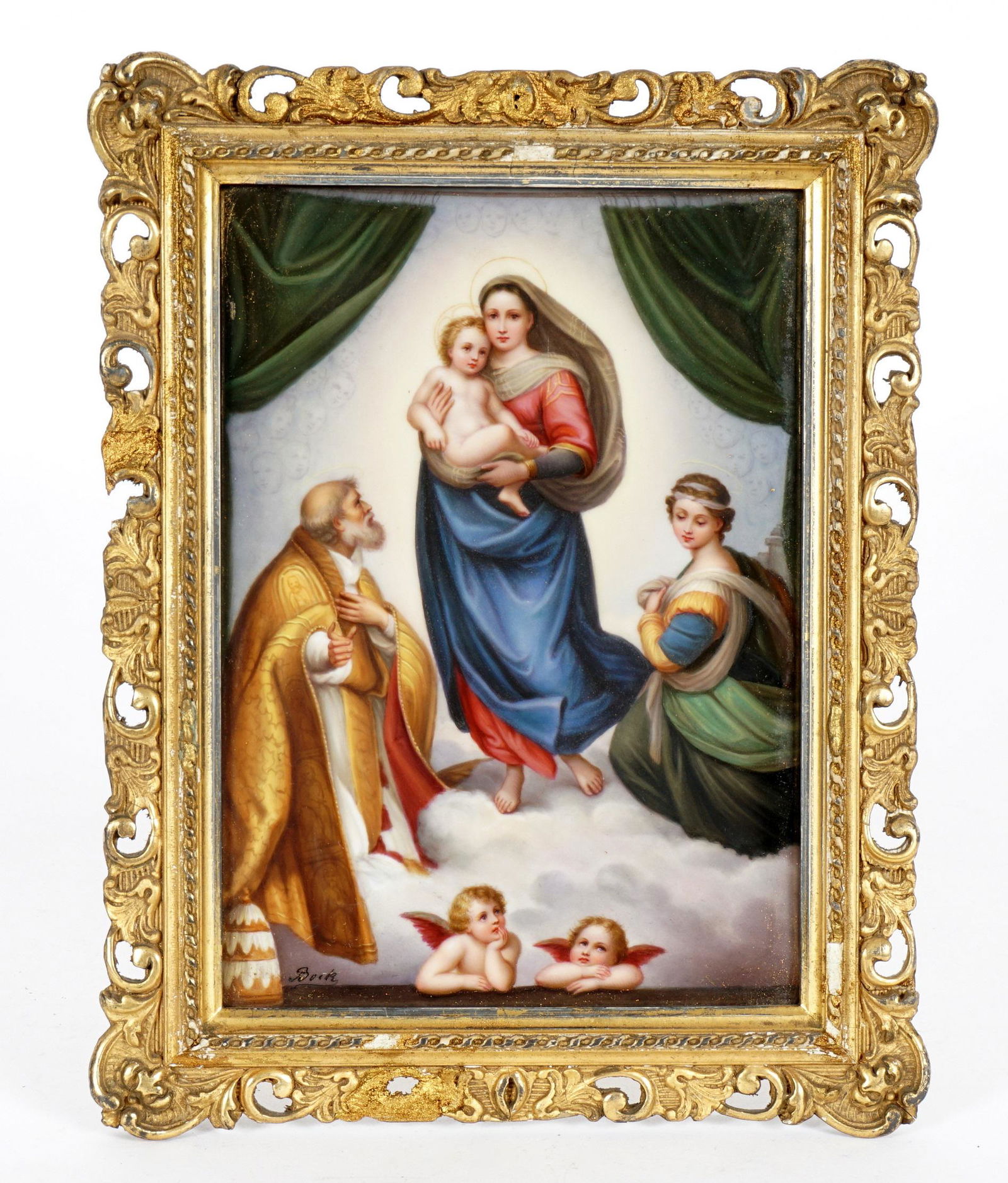 KPM Style The Sistine Madonna Porcelain Plaque: after Raphael "The Sistine Madonna", hand painted porcelain plaque, singed Boch lower left, impressed 311 verso, 7" x 5", framed 9" x 7". Condition: Losses to frame. From the estate of a prominent law