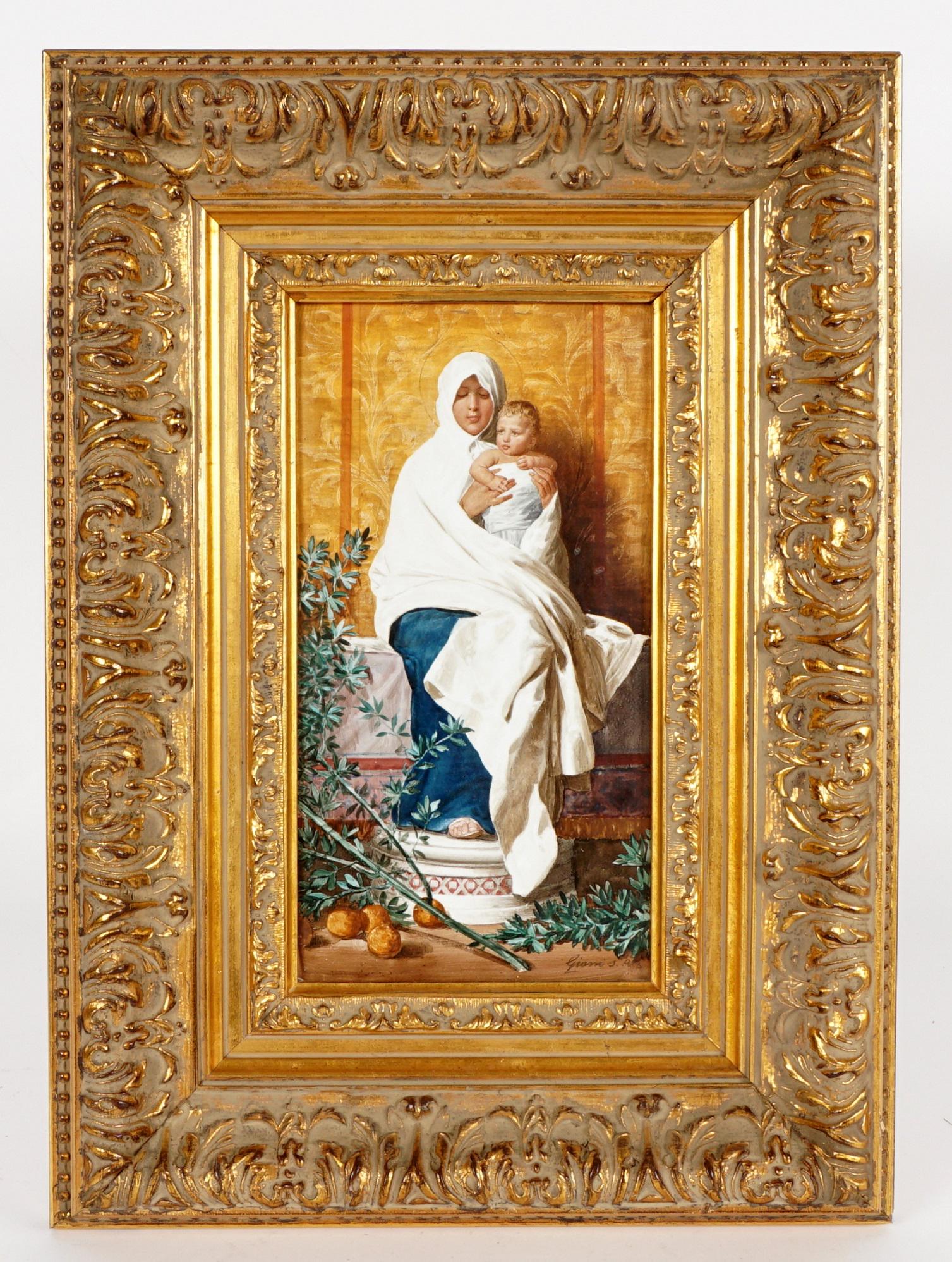 After Nicolo Barabino Madonna dell'Ulivo Plaque: "Madonna dell'Ulivo" hand painted plaque after Nicolo Barabino, signed lower right Gianna S Pus, sight size 9.5" x 5", framed 16.5" x 12.25". Condition; Two firing flaws on right side, scratches. From