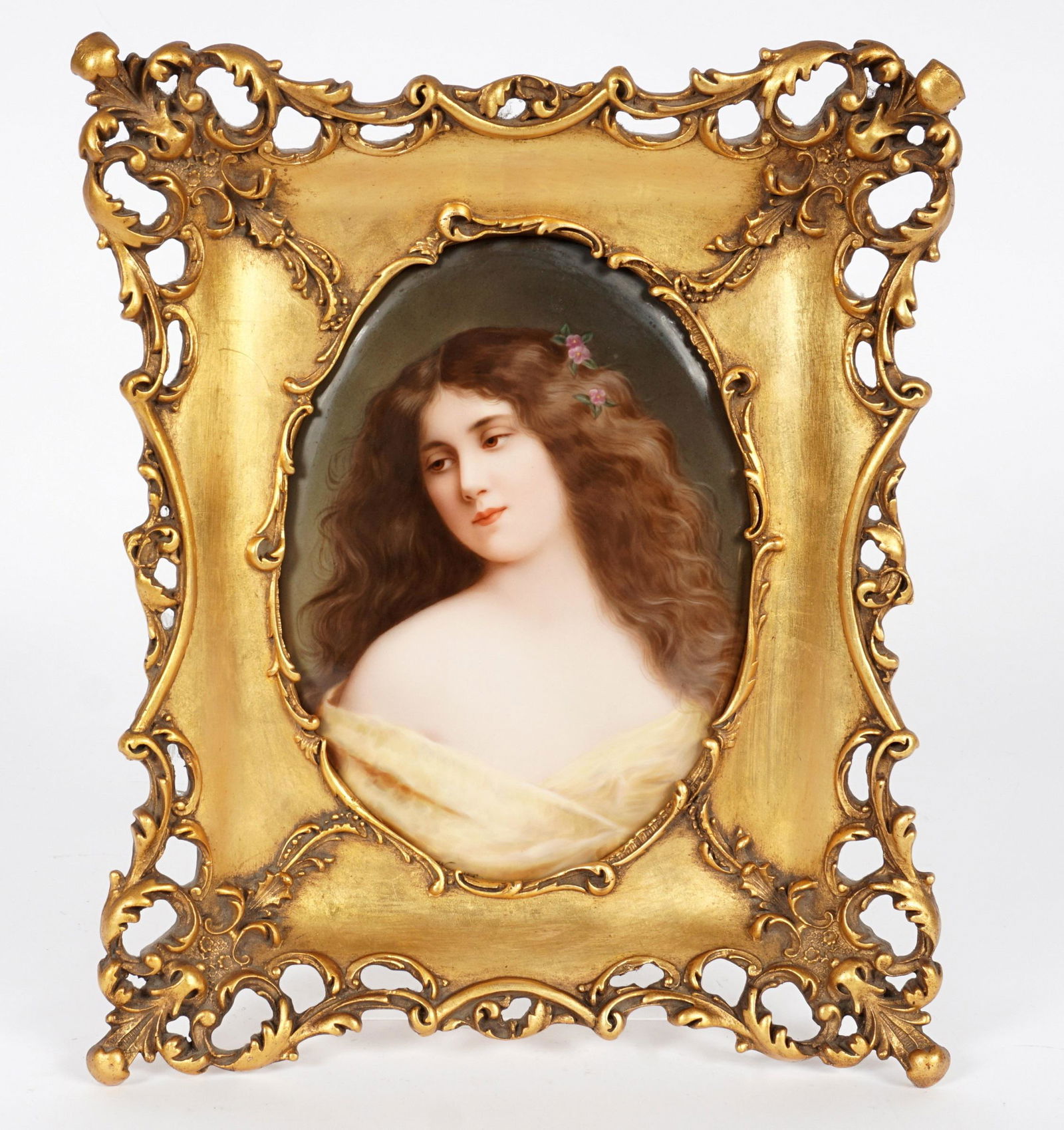 KPM Lassitude Wagner Porcelain Portrait Plaque: "Lassitude", hand painted portrait plaque of young beauty after Asti, signed Wagner. Impressed KPM and scepter mark, paper label, stamped Germany, 8.75" x 6.5", framed 13.5" x 11.5". From the estate o