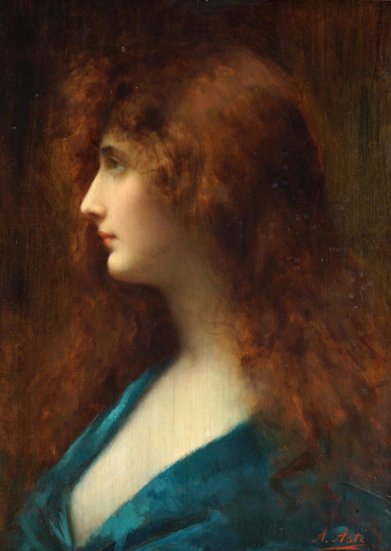 Angelo Asti Portrait of a Red Headed Beauty: ASTI, Angelo, (Italian, 1847-1903): Quarter length portrait of a red headed woman in green dress, Oil/Canvas, signed lower right, 18 x 13.25", framed 33.25" x 29" x 3". Condition: Abrasion spot top of
