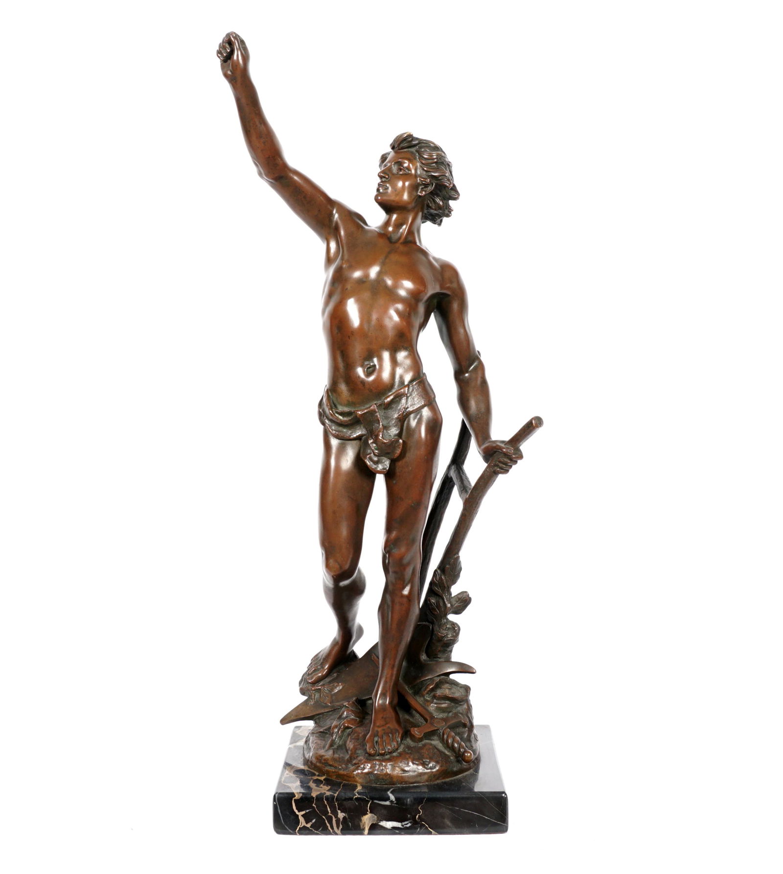 after Edouard Drouot Man with Plow Bronze: after DROUOT, Edouard, (French, 1859-1945): Patinated bronze sculpture of young man with a plow and sword at his feet, signed at base, Vrai Bronze Paris stamp, affixed to marble plinth. Overall 23.5"